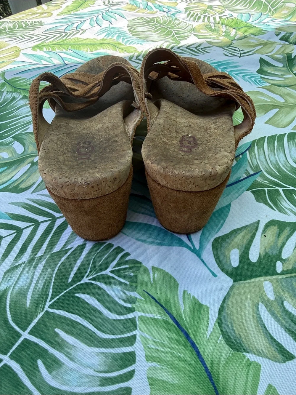 UGG cork wedge leather criss cross sandals sz 8 brown